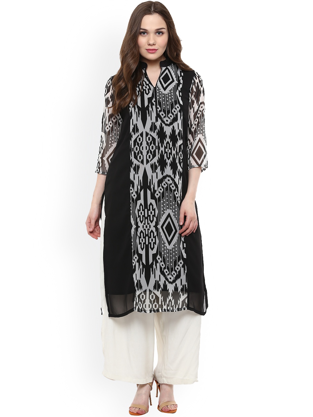 

StyleStone Women Black and White Ikkat Printed Kurta