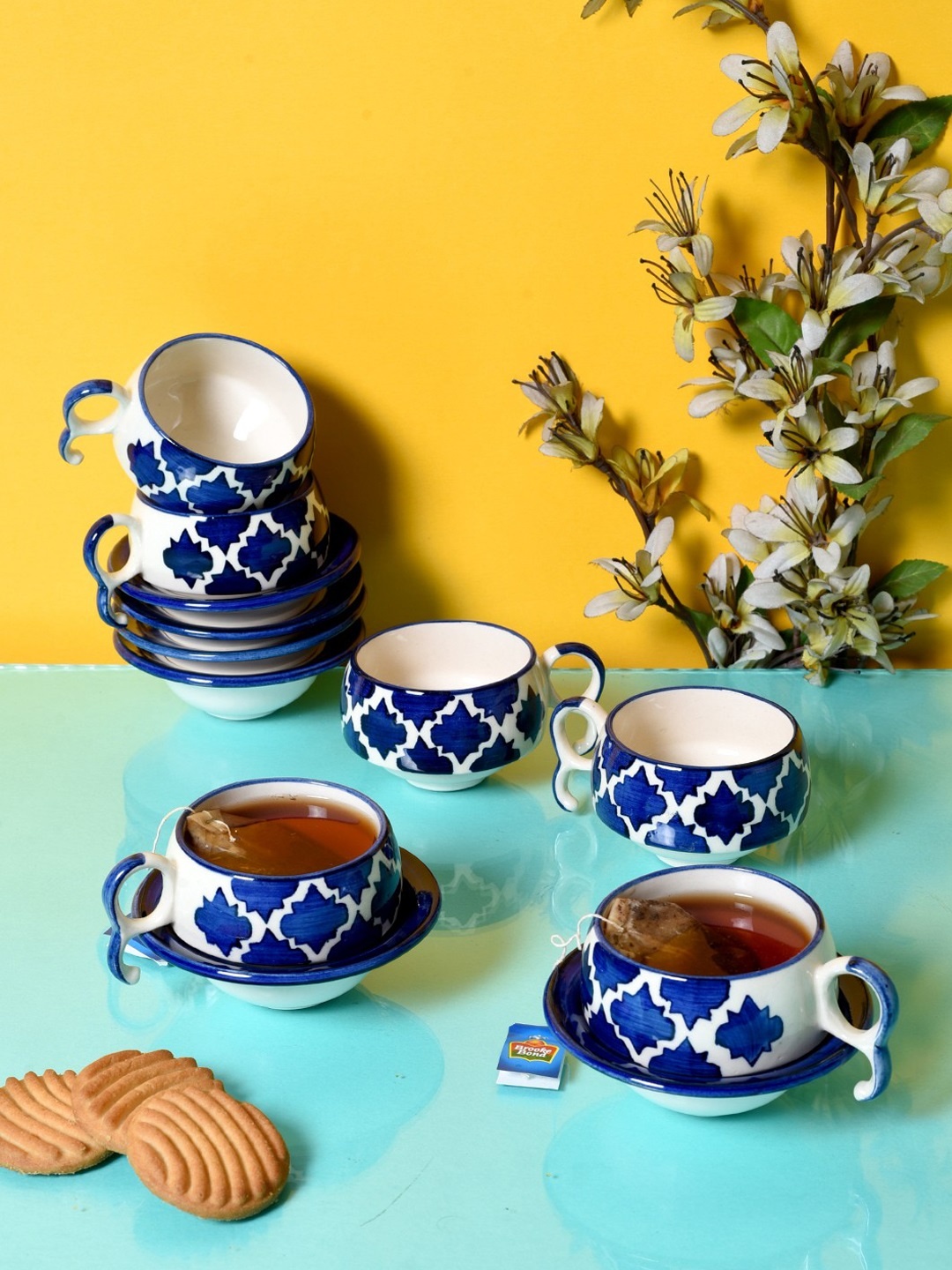 

Unravel India Off-White & Blue Set of 6 Printed Ceramic Cups and Saucers Set