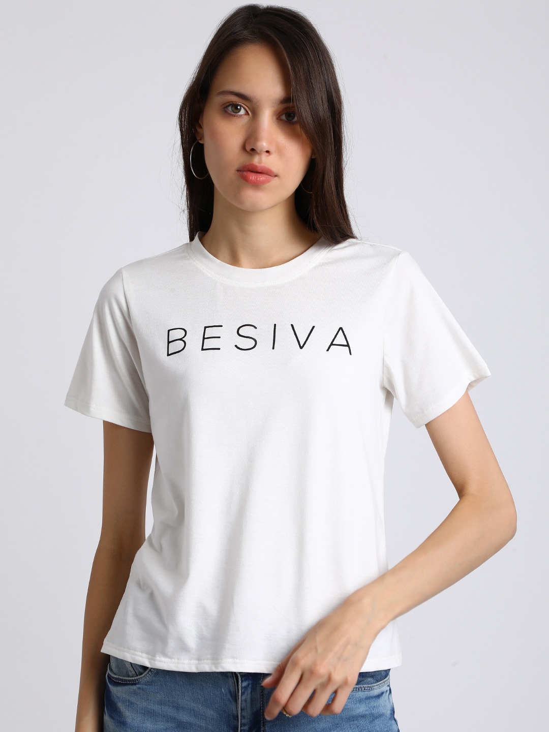 

Besiva Women White Printed Round Neck T-shirt