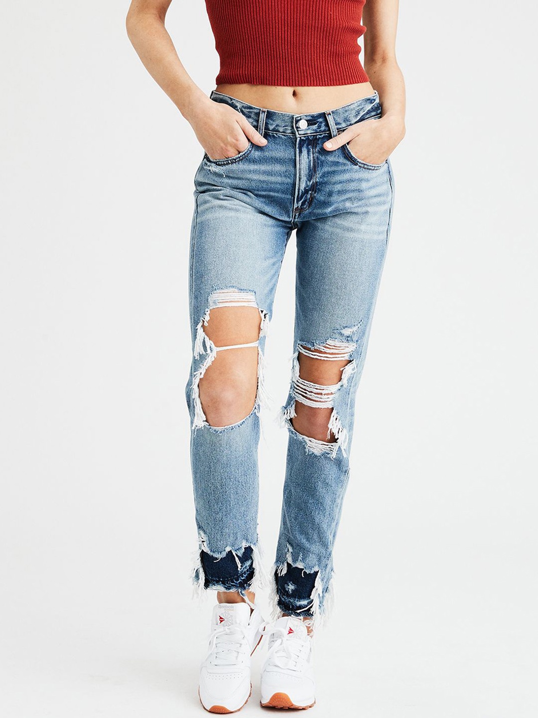 

AMERICAN EAGLE OUTFITTERS Women Blue Girlfriend Fit High-Rise Highly Distressed Jeans