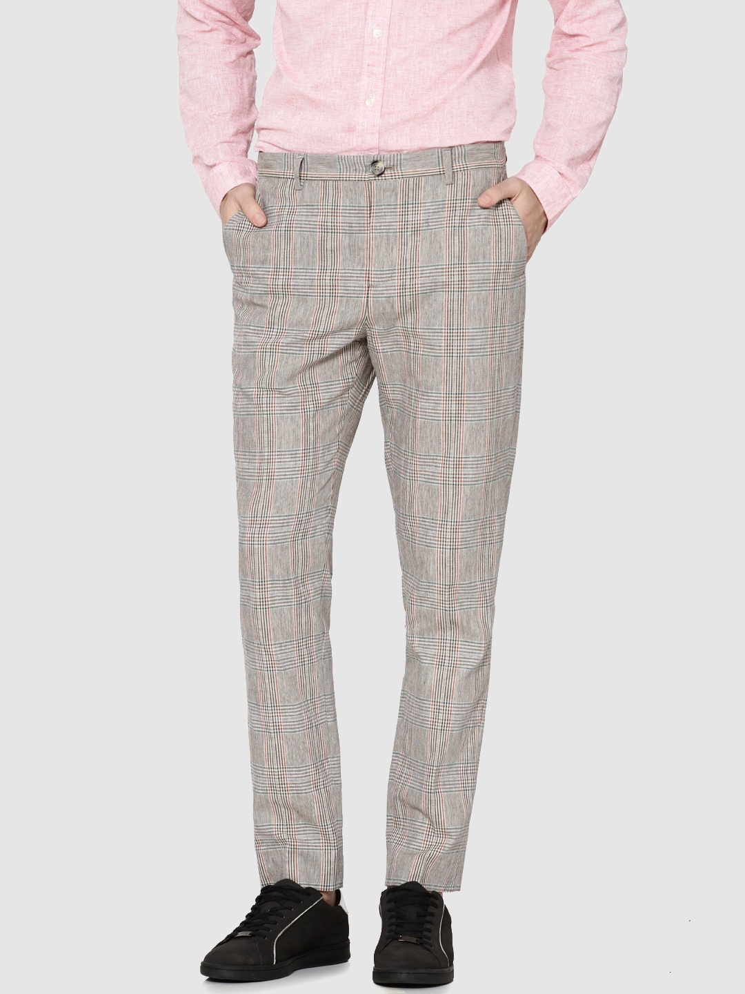 

Jack & Jones Men Beige & Navy Blue Slim Fit Checked Regular Trousers