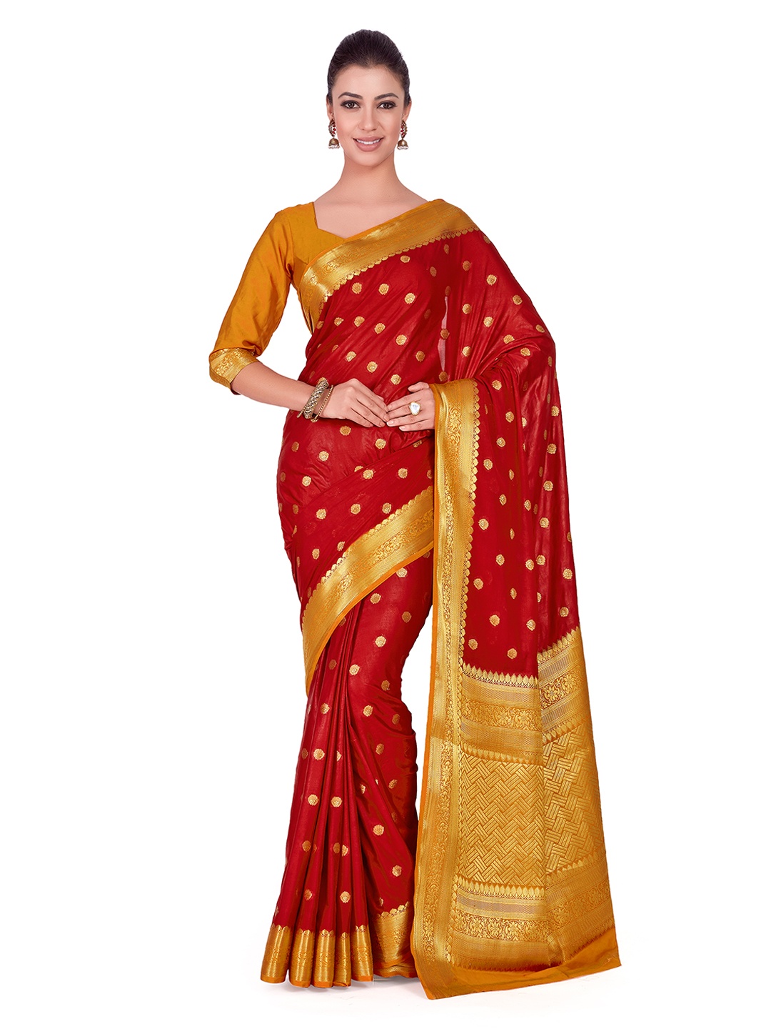 

MIMOSA Red & Mustard Yellow Poly Crepe Woven Design Kanjeevaram Saree