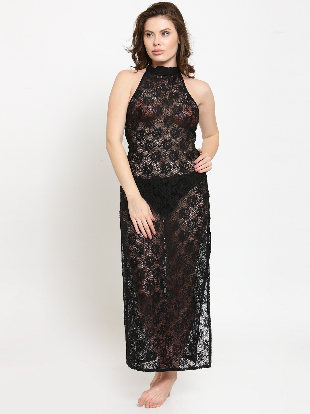 

N-Gal Black Solid Lace Self-Design Nightdress NR1038