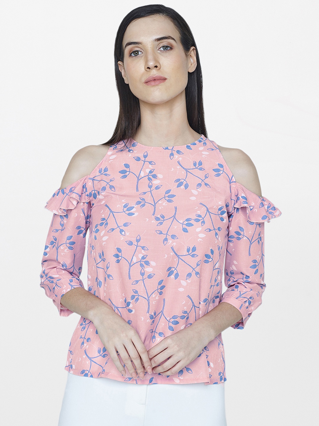 

AND Women Pink & Blue Printed Cold-shoulder Top