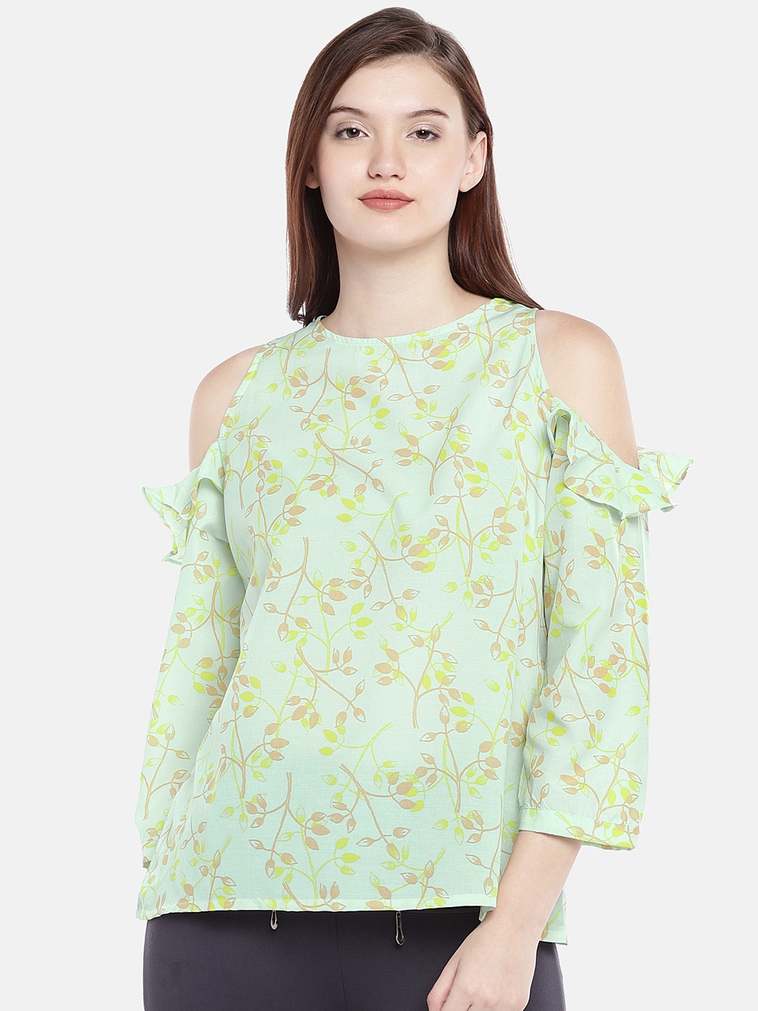 

AND Women Green Printed Cold-Shoulder Top