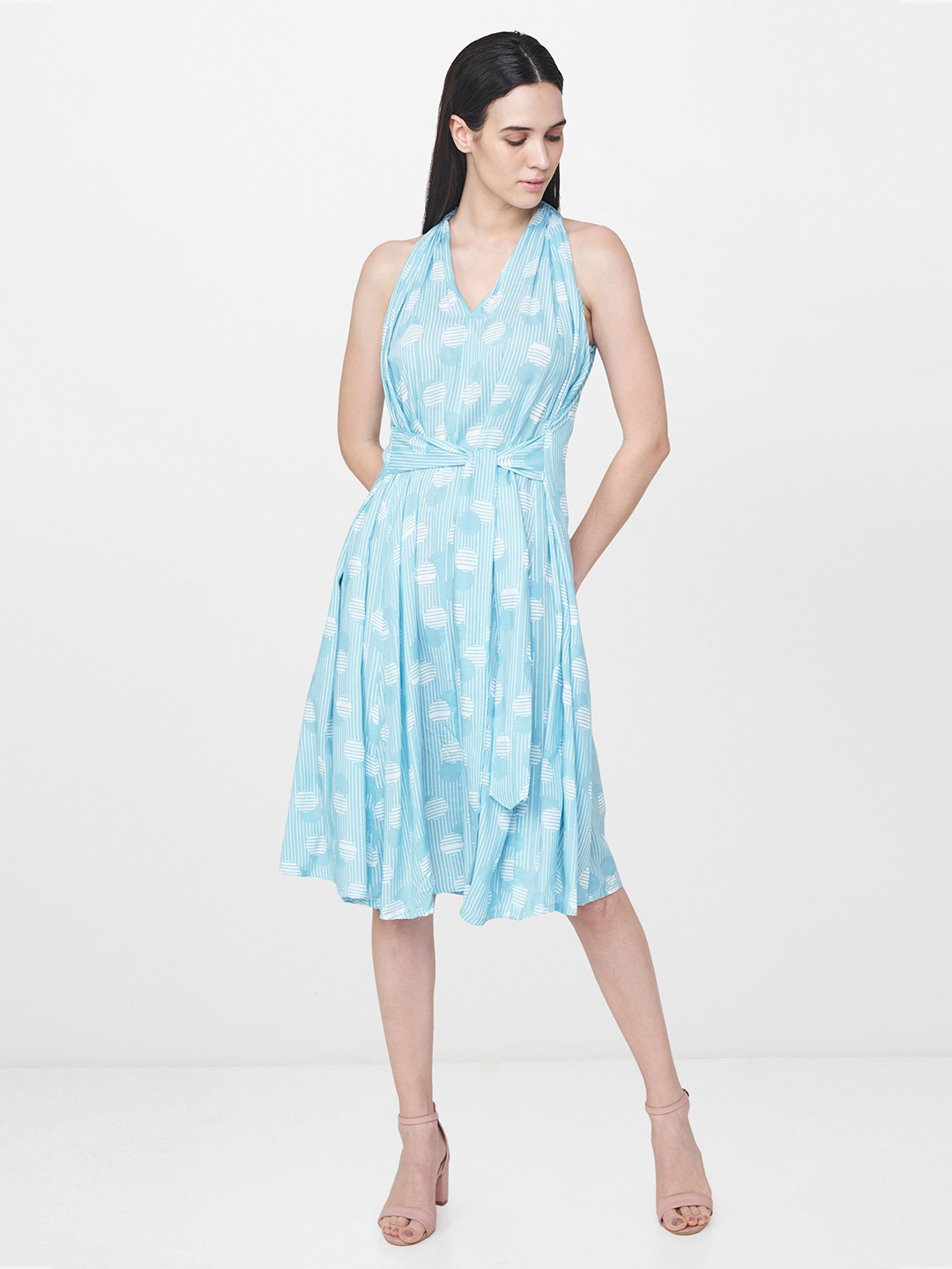

AND Women Turquoise Blue & White Printed A-Line Dress