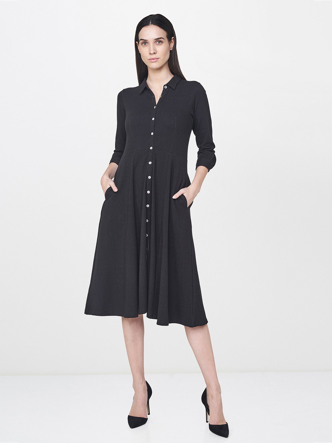 

AND Women Black Solid Fit & Flare Dress