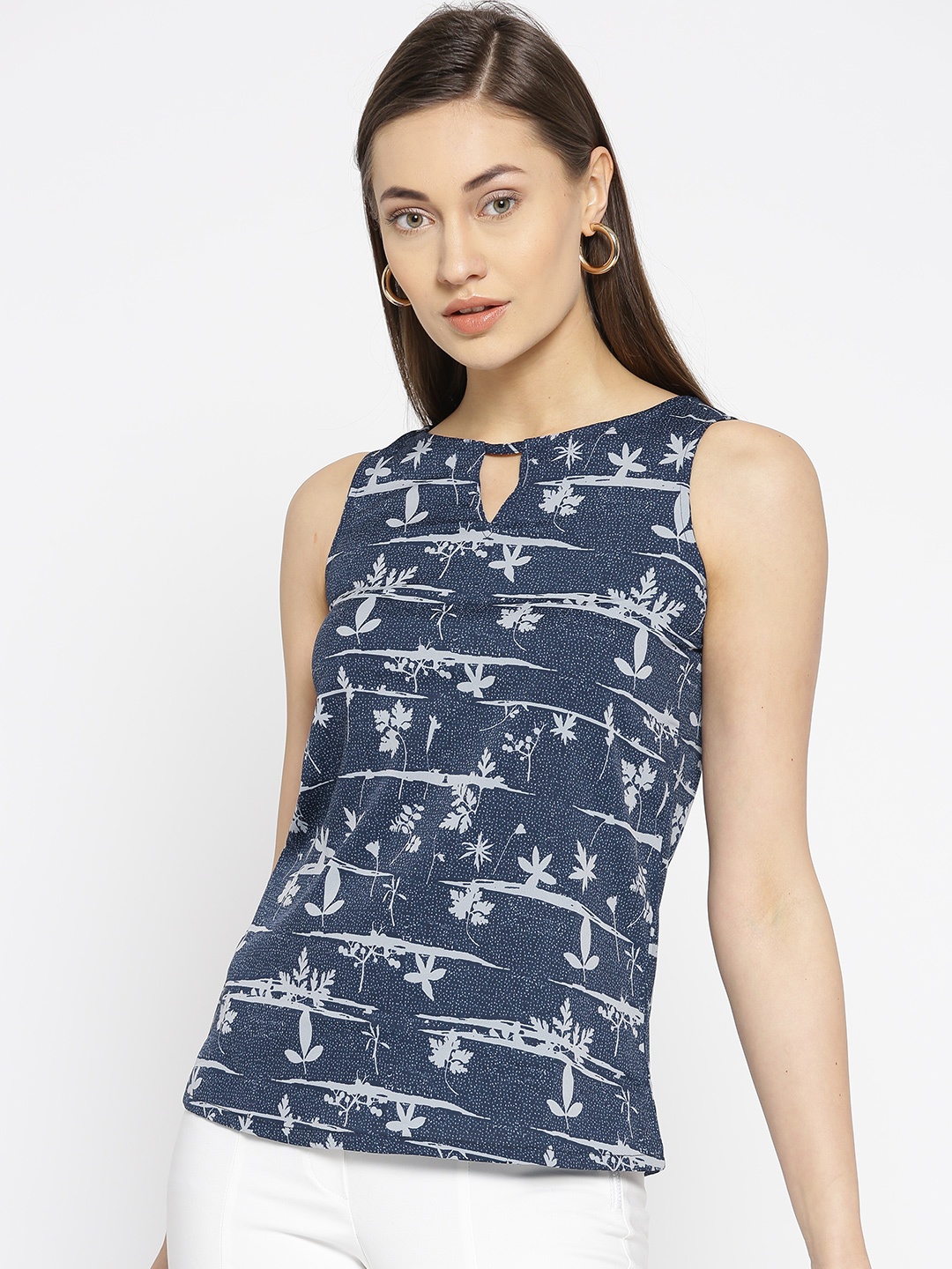 

AND Women Navy & Grey Floral Printed Top, Navy blue