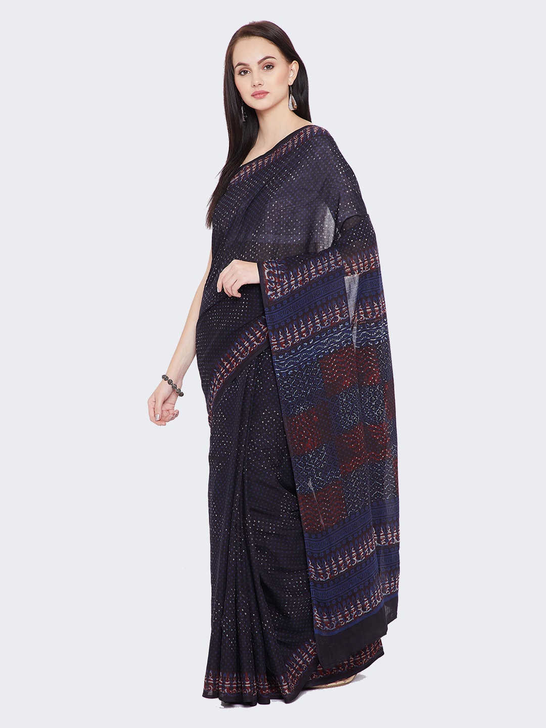 

Kalakari India Blue & Red Pure Cotton Printed Bagh Handloom Sustainable Saree