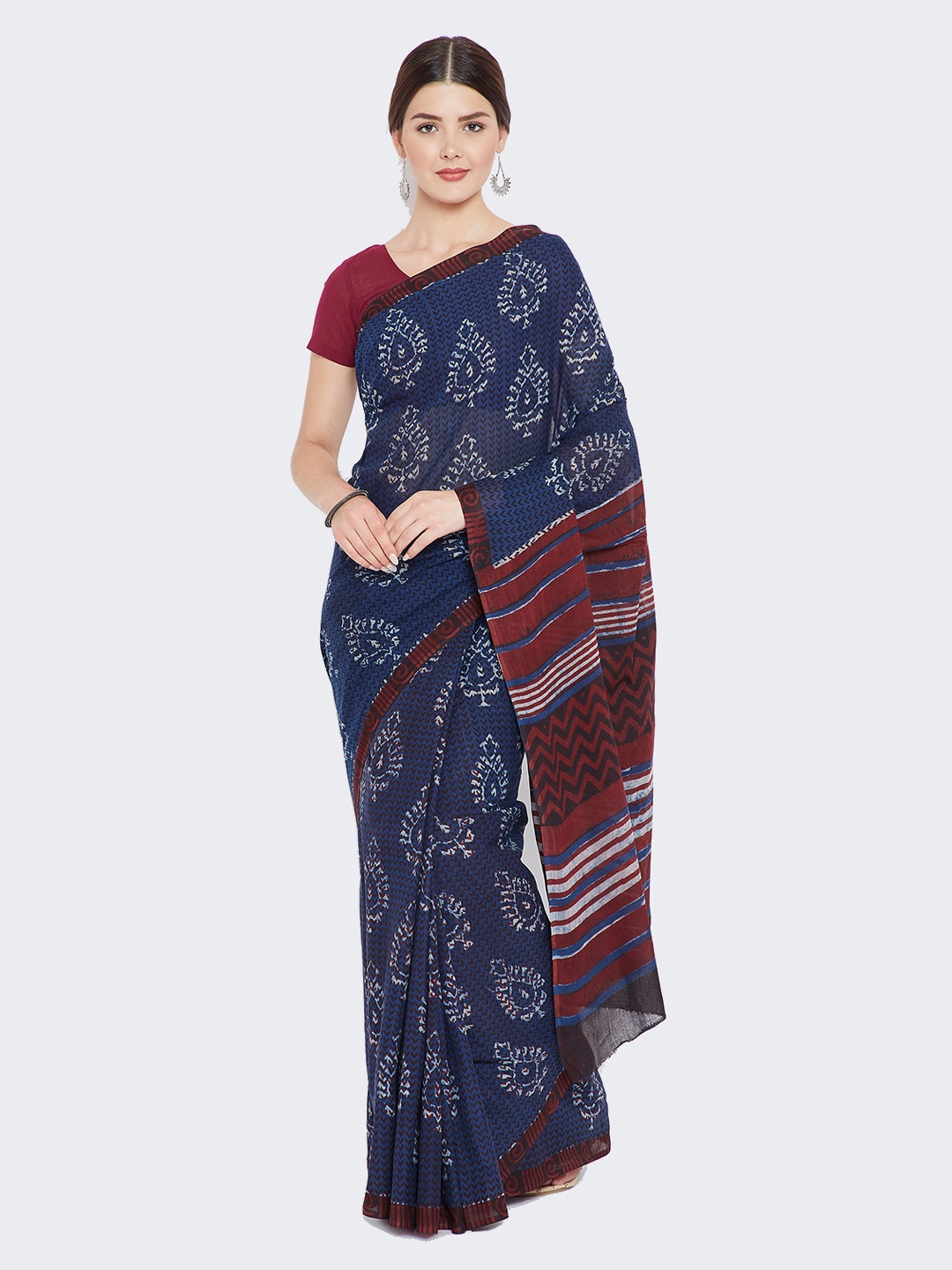 

Kalakari India Blue & Red Indigo Hand Block Print Handcrafted Cotton Saree