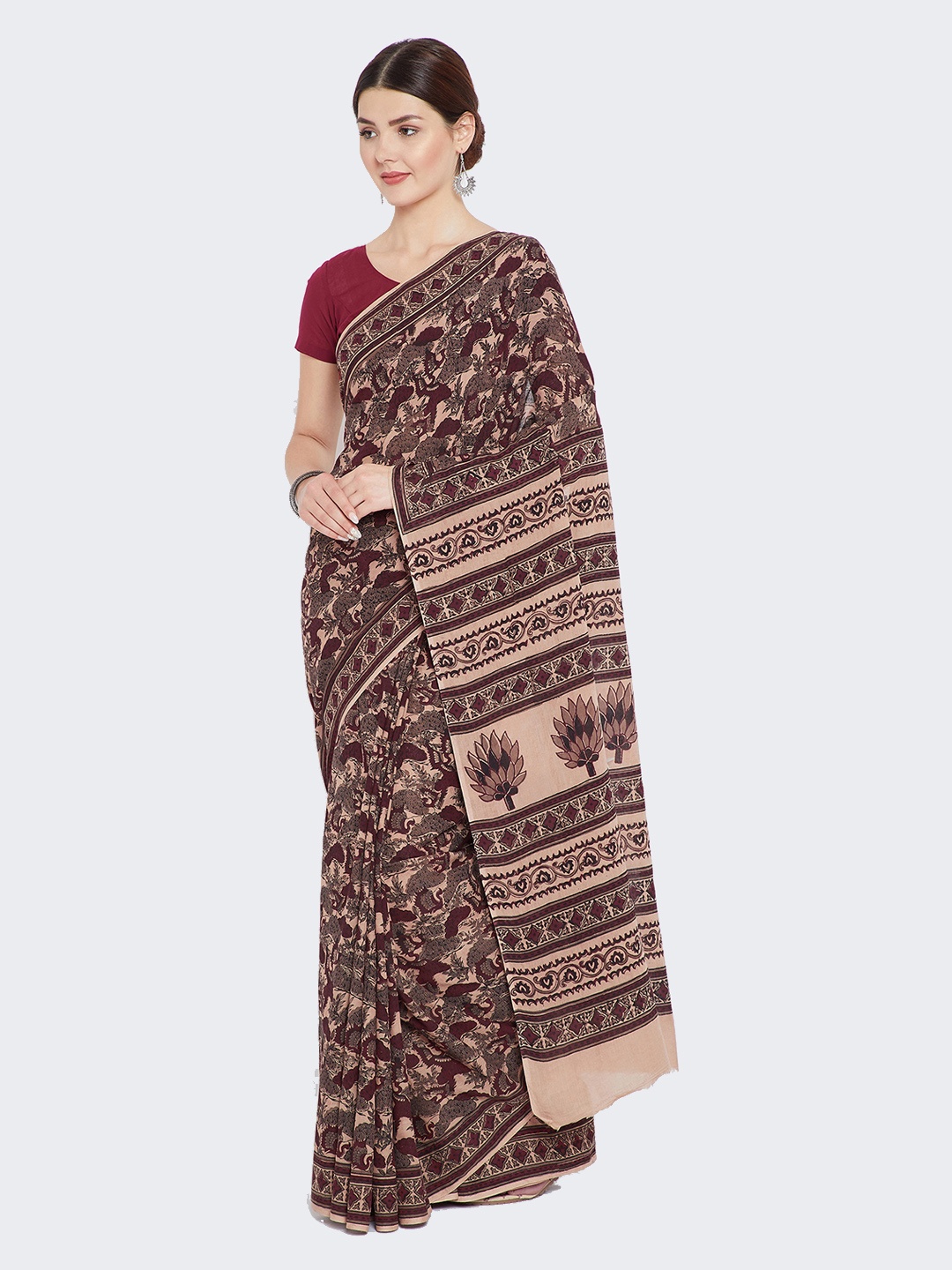 

Kalakari India Maroon & Cream Bagh Hand Block Print Handcrafted Cotton Saree