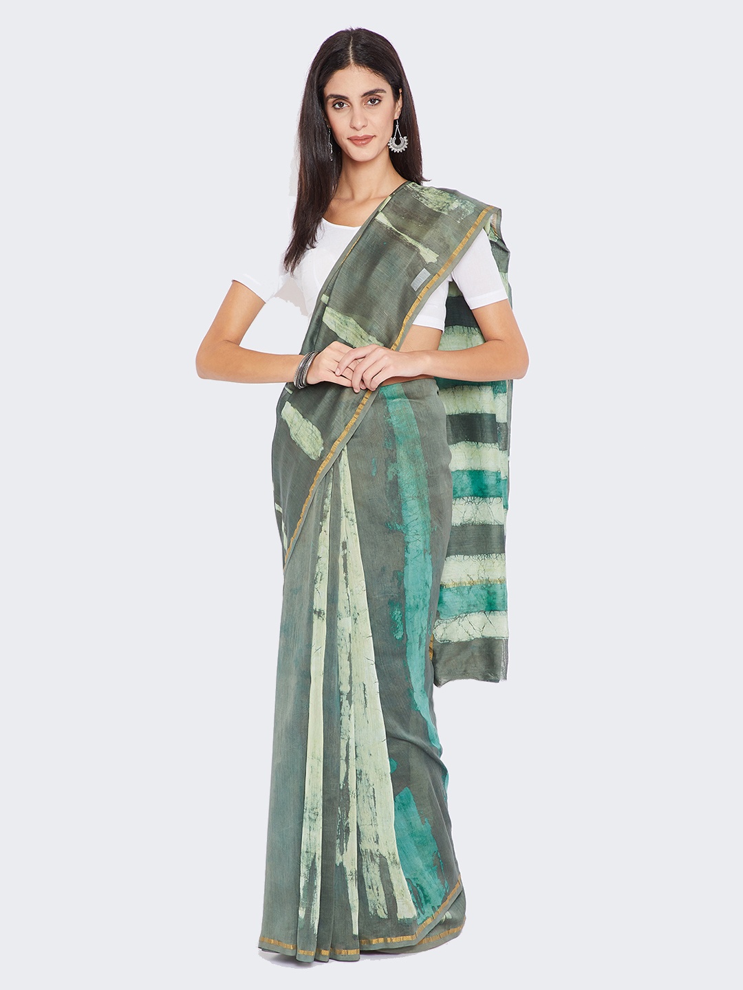 

Kalakari India Teal & White Silk Cotton Printed Chanderi Sustainable Saree