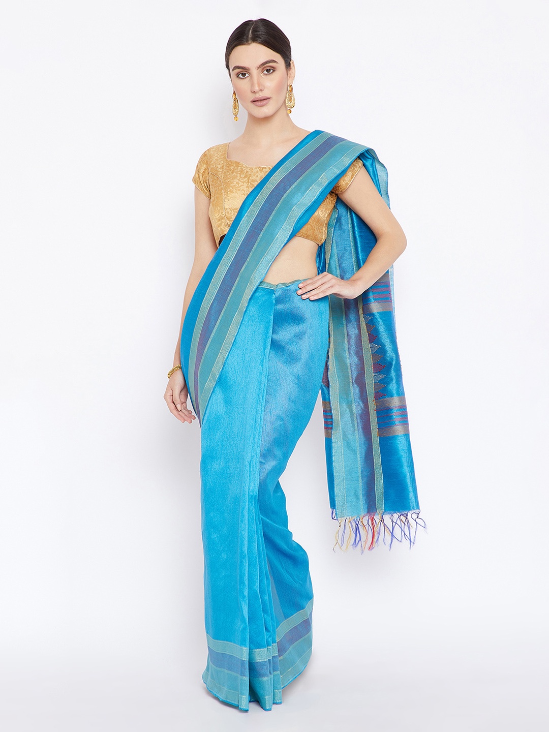 

Kalakari India Blue Weaved HandLoom Tussar Silk Sustainable Saree