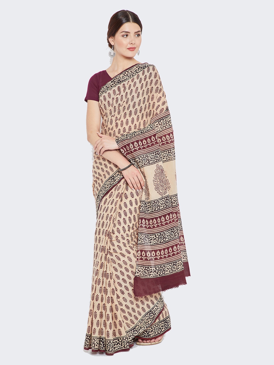 

Kalakari India Maroon & Cream-Coloured Bagh Hand Block Print Cotton Saree