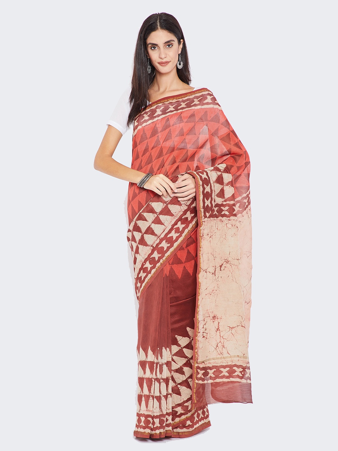 

Kalakari India Red & Orange Silk Cotton Printed Chanderi Handloom Sustainable Saree