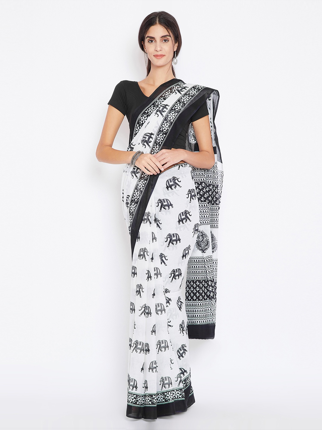 

Kalakari India White & Black Pure Cotton Printed Sustainable Saree