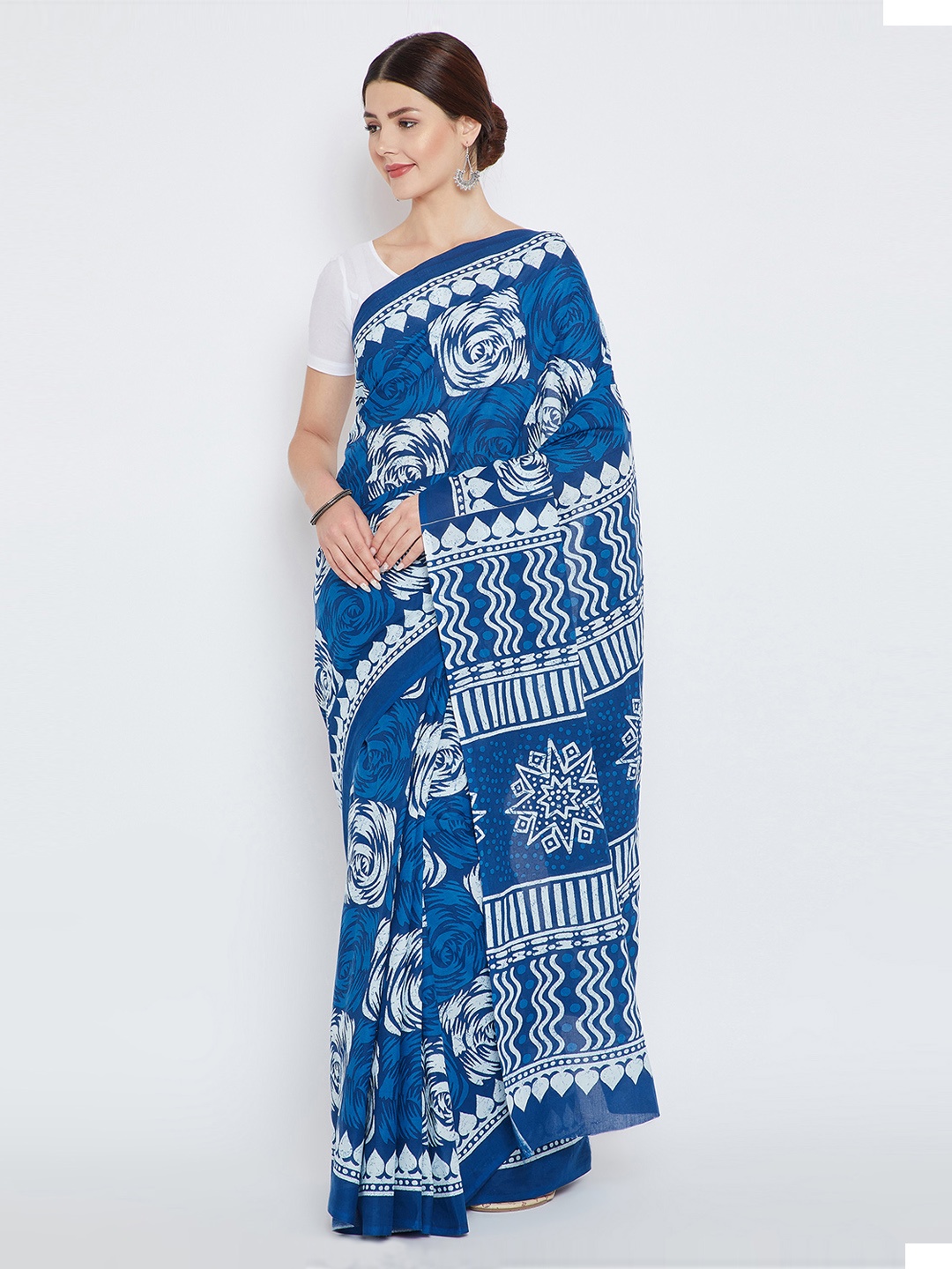 

Kalakari India Blue Indigo Screen Print Handcrafted Cotton Sustainable Saree