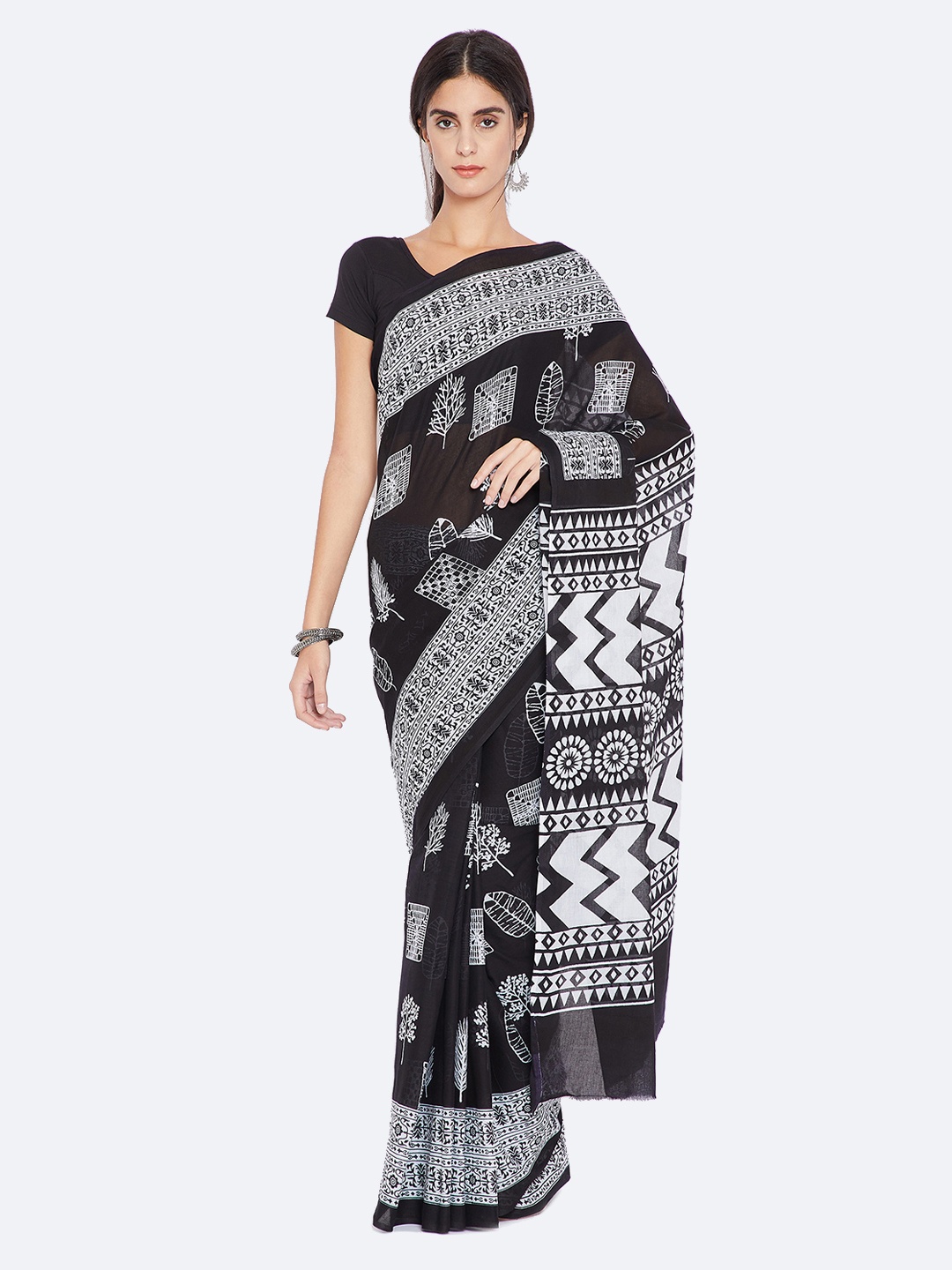 

Kalakari India White & Black Pure Cotton Printed Handloom Sustainable Saree