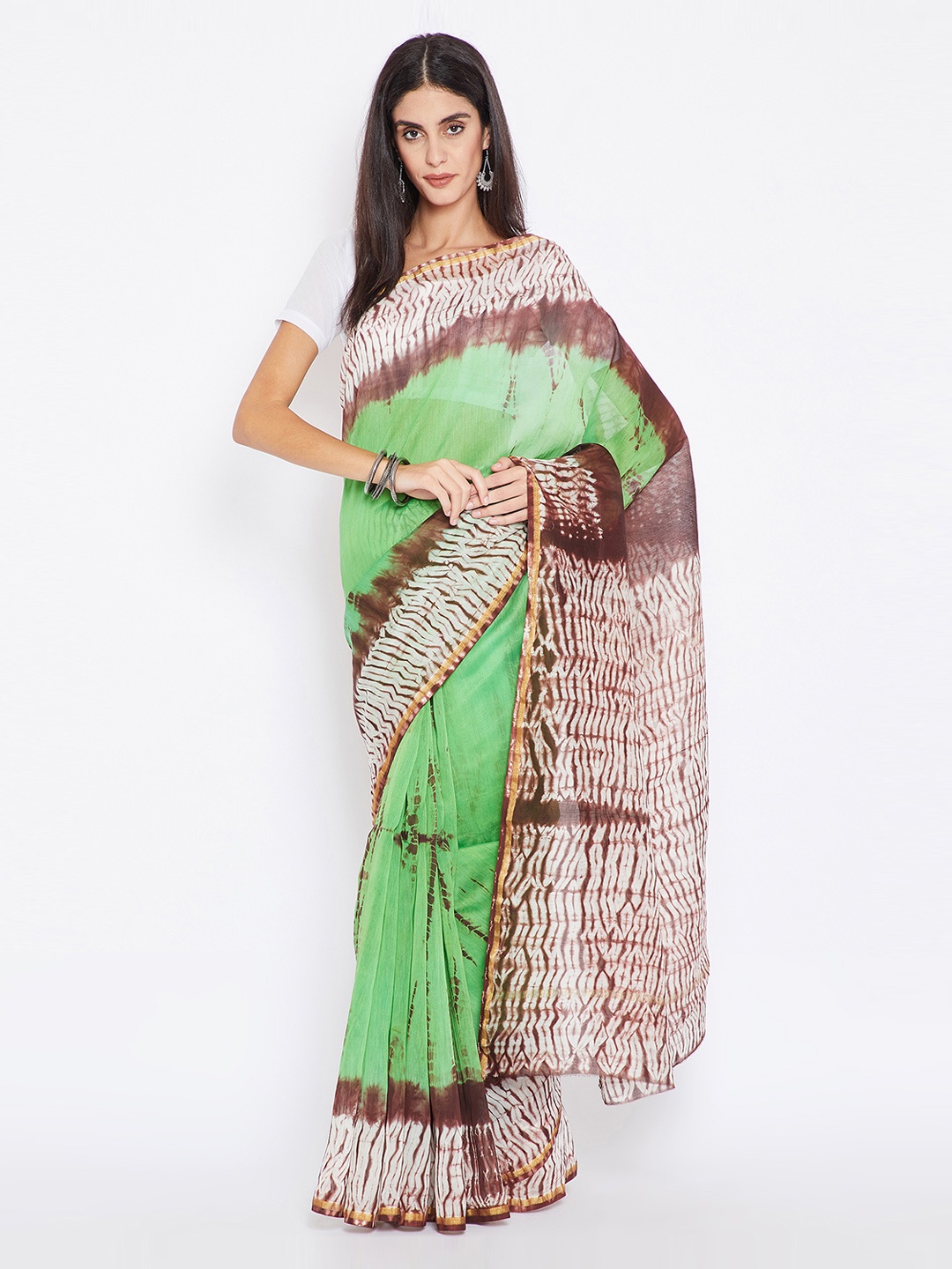 

Kalakari India Green & Burgundy Silk Cotton Dyed Chanderi Handloom Sustainable Saree