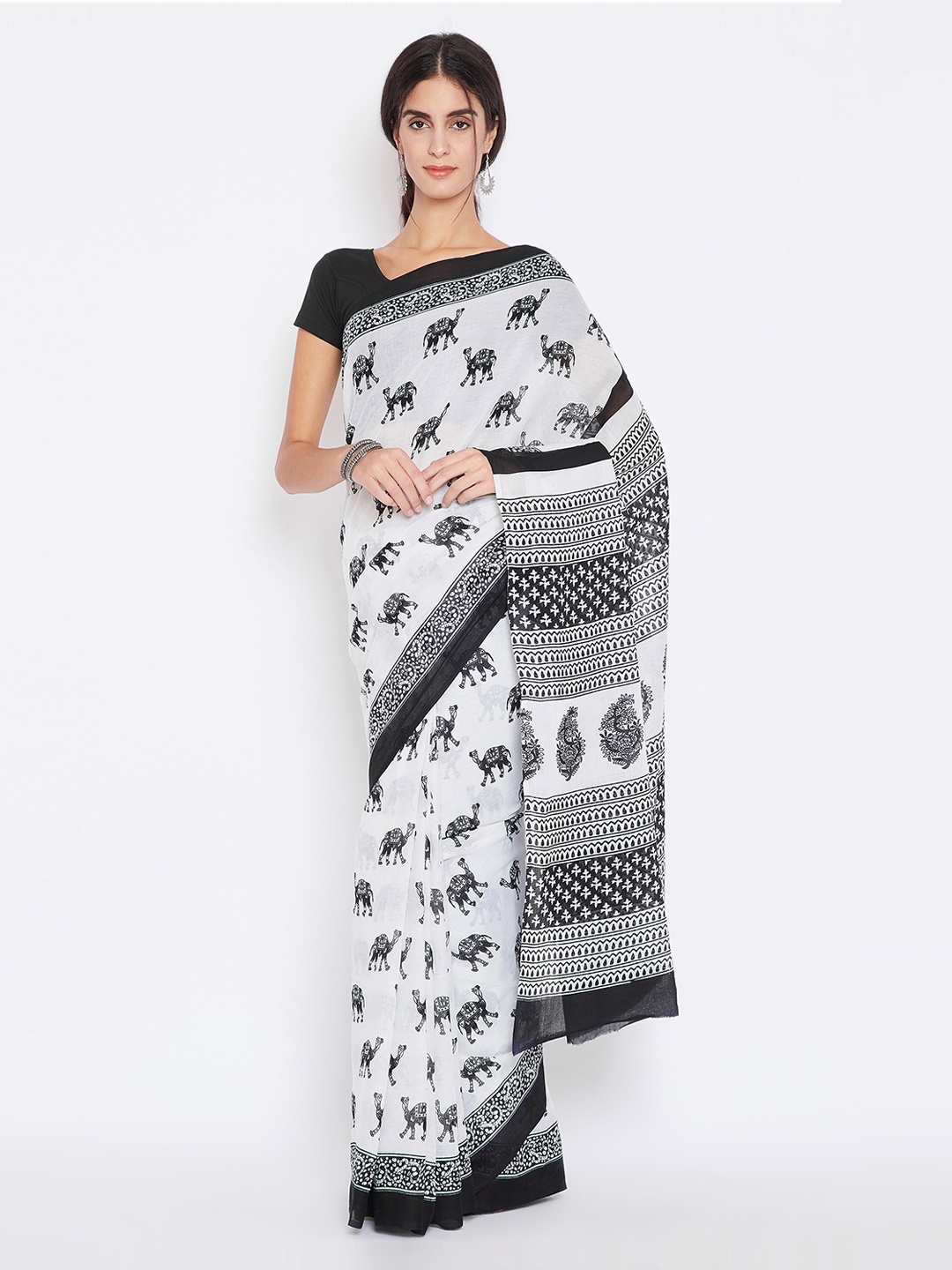 

Kalakari India White & Black Pure Cotton Printed Handloom Sustainable Saree