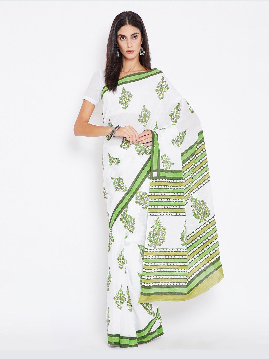 

Kalakari India Green & White Mughal Hand Block Print Handcrafted Cotton Sustainable Saree