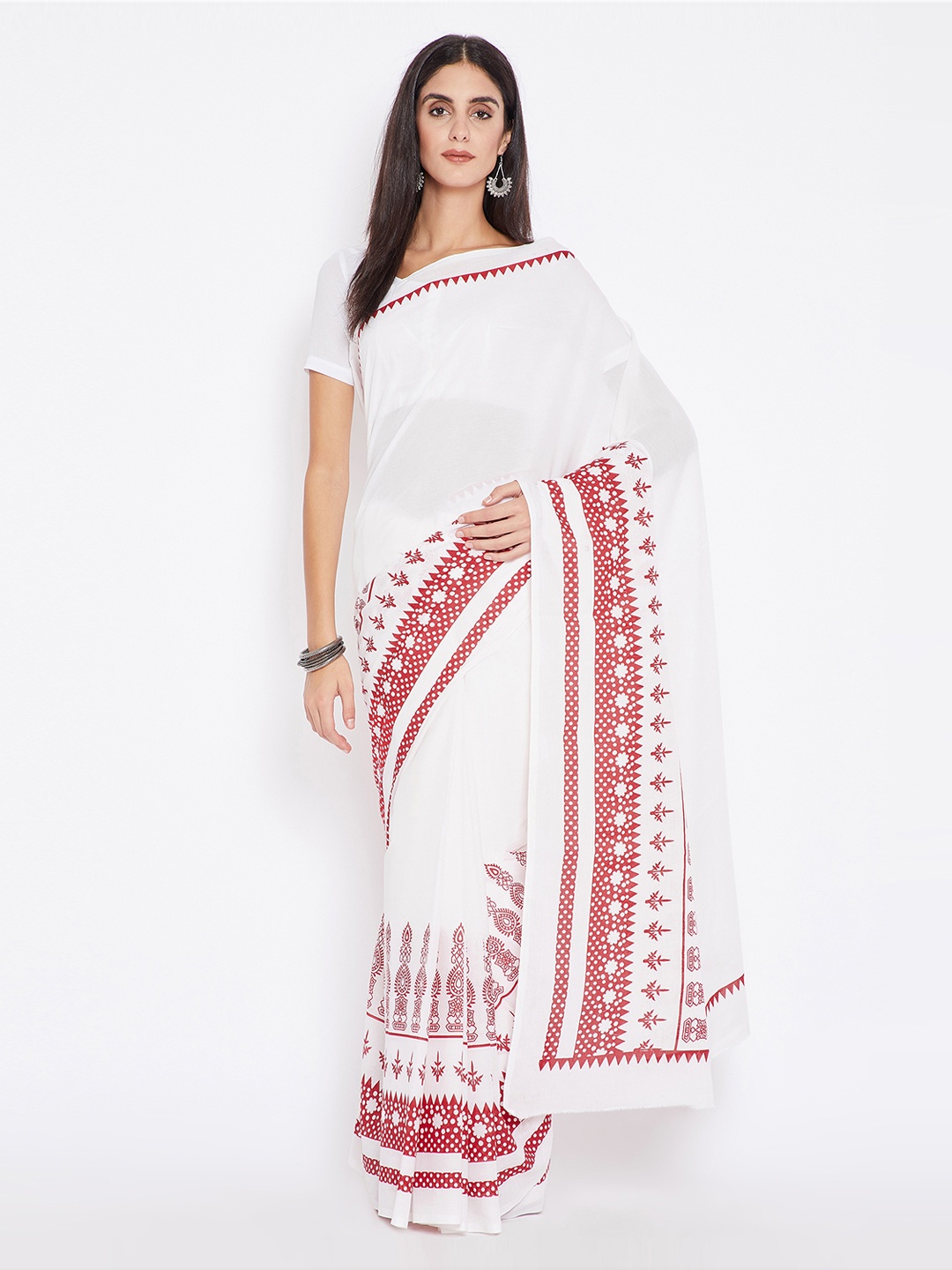

Kalakari India Red & White Pure Cotton Solid Handloom Sustainable Saree