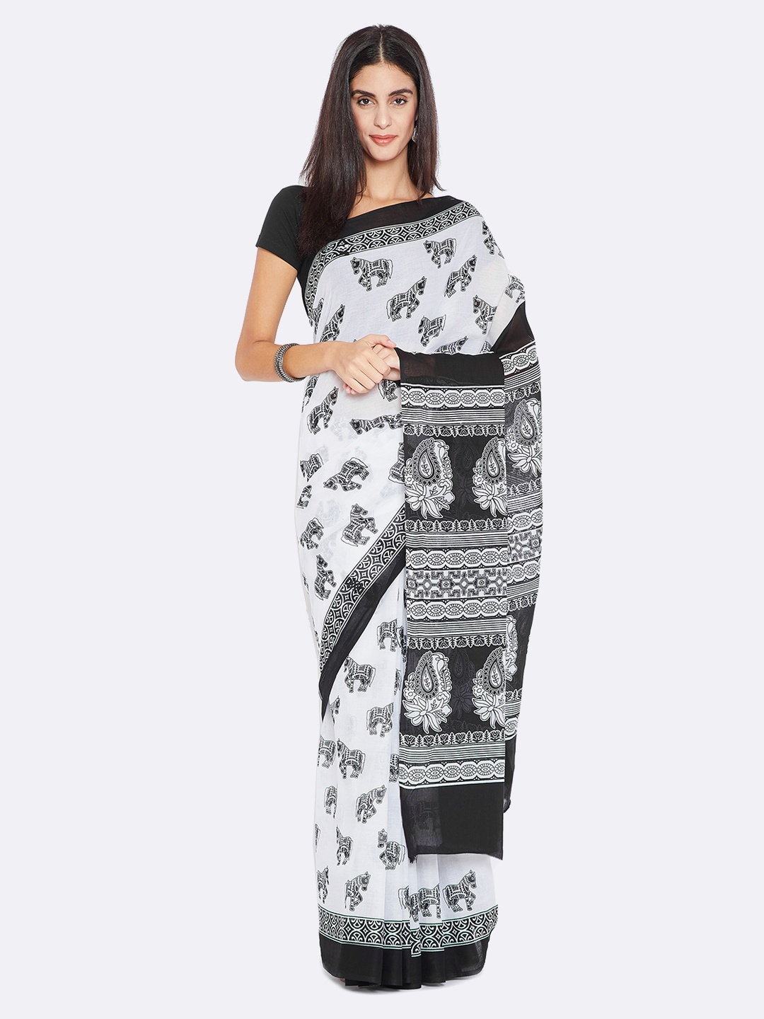 

Kalakari India Women Black & White Printed Sustainable Saree