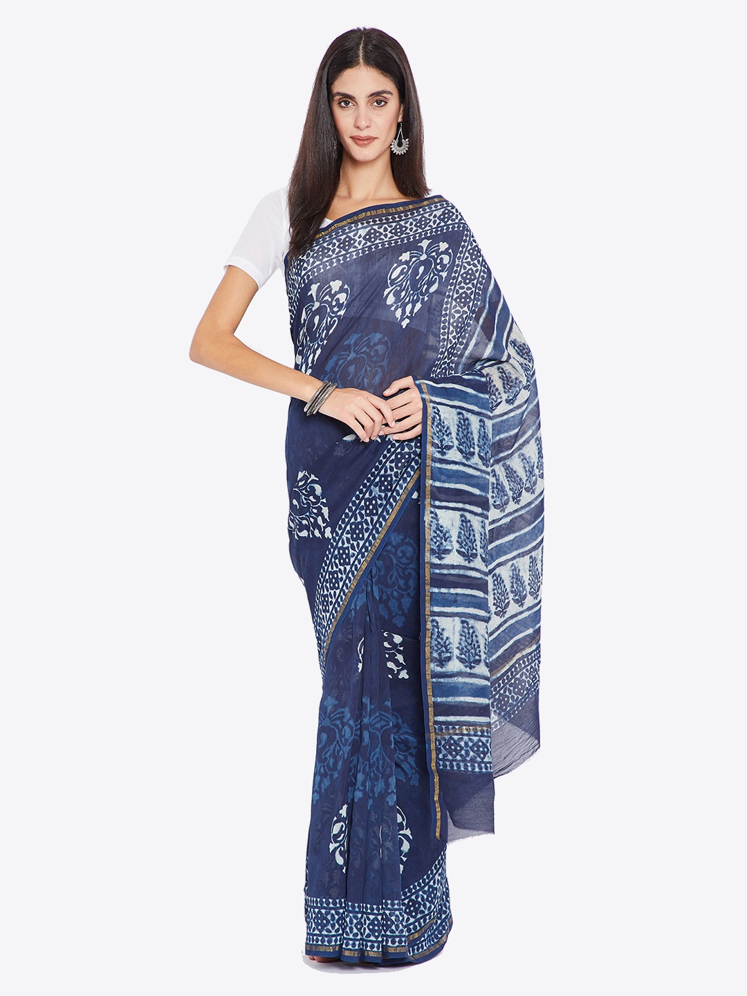 

Kalakari India Blue & White Silk Cotton Printed Chanderi Handloom Sustainable Saree