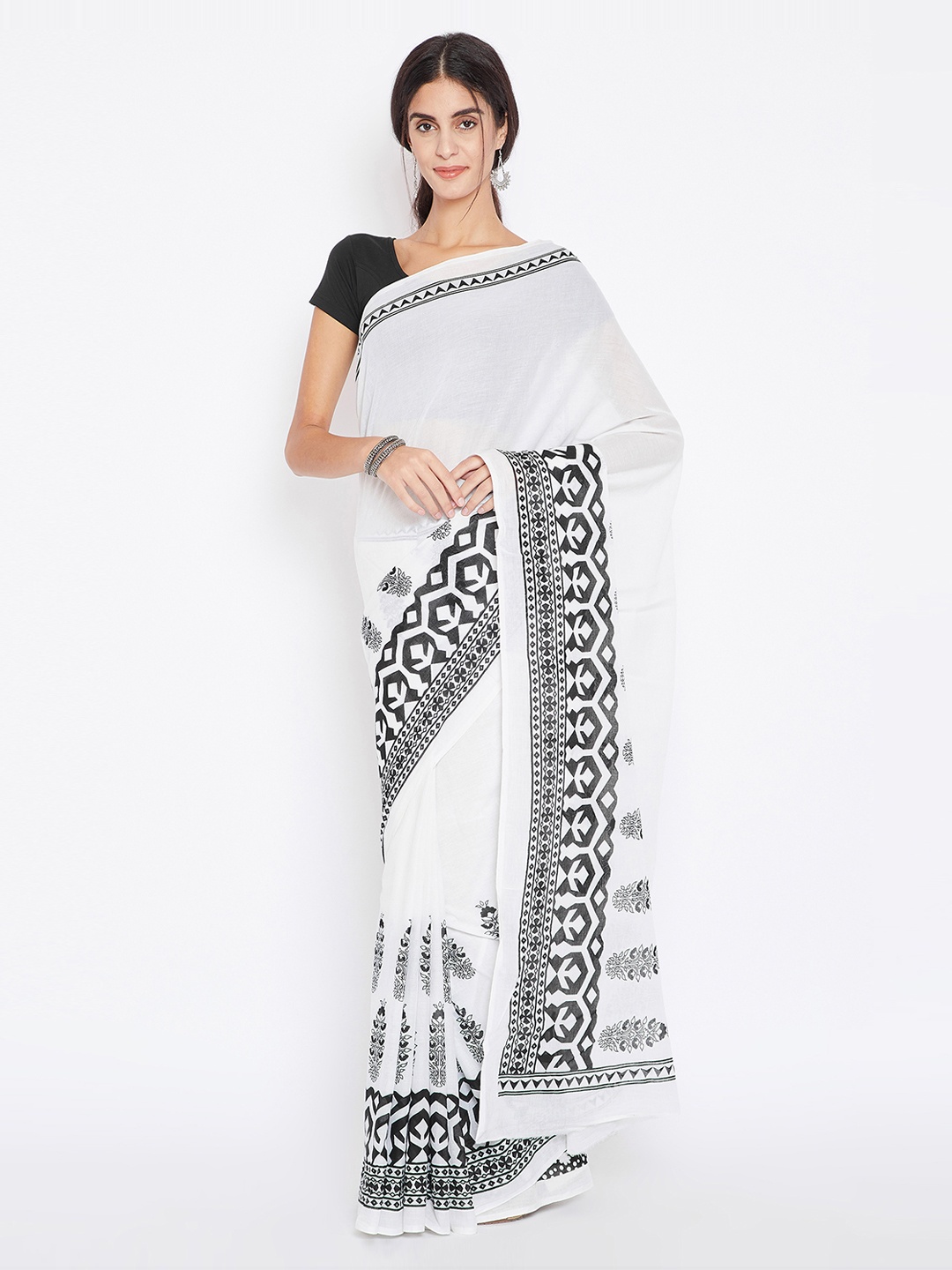 

Kalakari India Black & White Hand Block Print Handcrafted Cotton Sustainable Saree