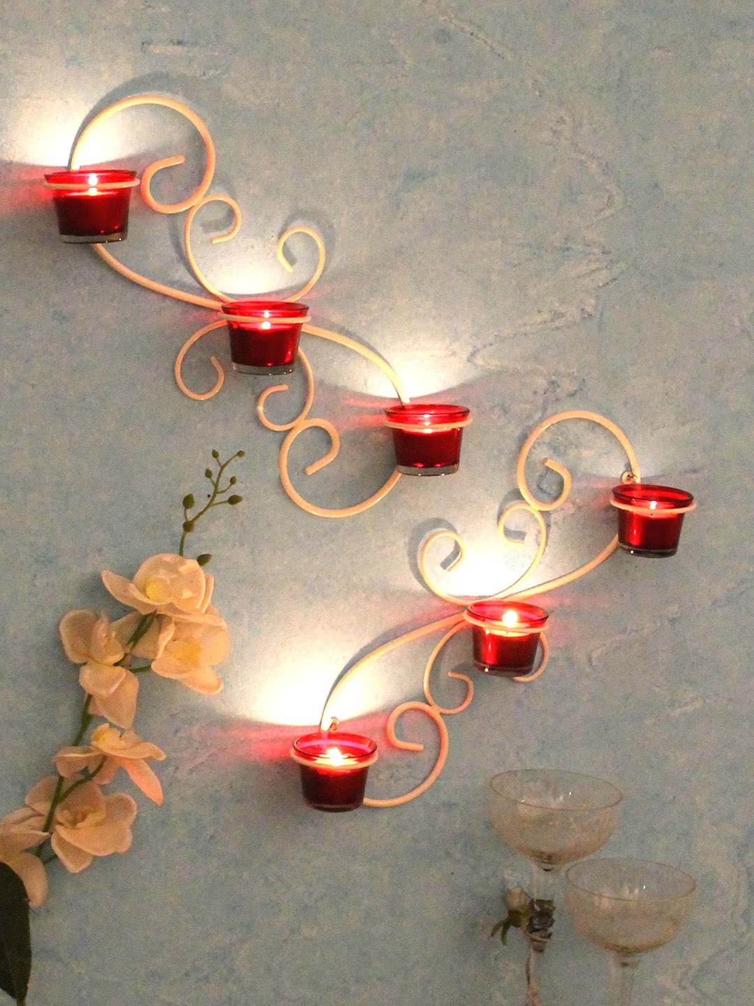 

Home Sparkle White Set of 2 Iron Tealight Candle Holder With 6 Glass Cups