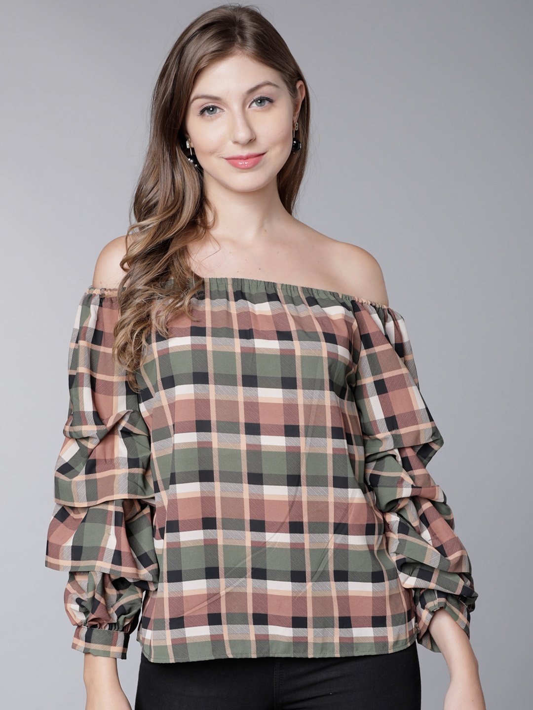 

Tokyo Talkies Women Olive Green Checked Bardot Top