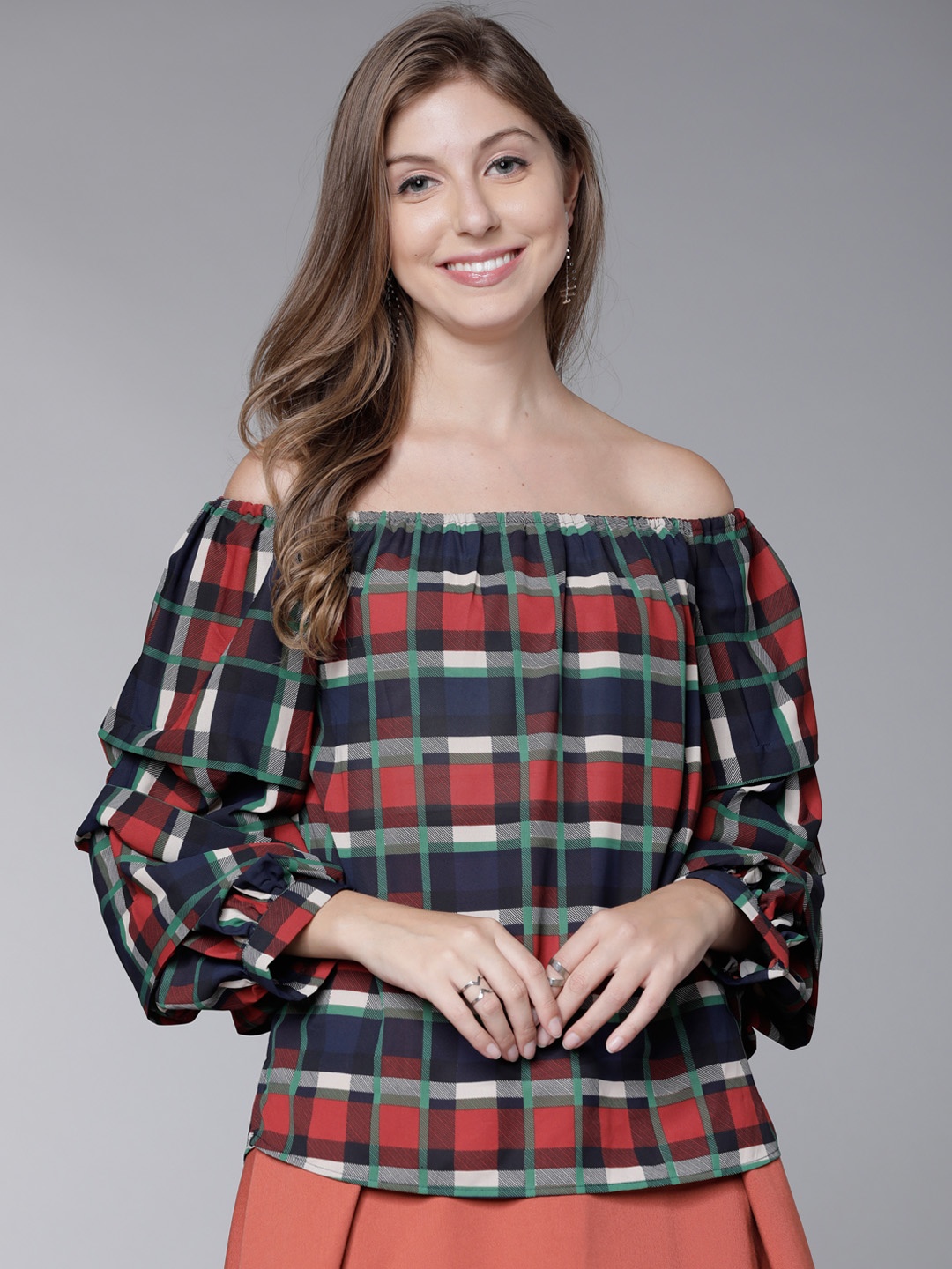 

Tokyo Talkies Women Rust Red & Blue Checked Bardot Top