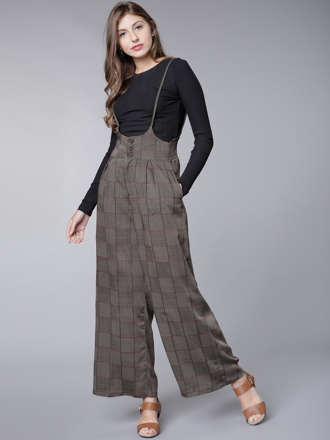 

Tokyo Talkies Women Brown Checked Wide Leg Dungarees