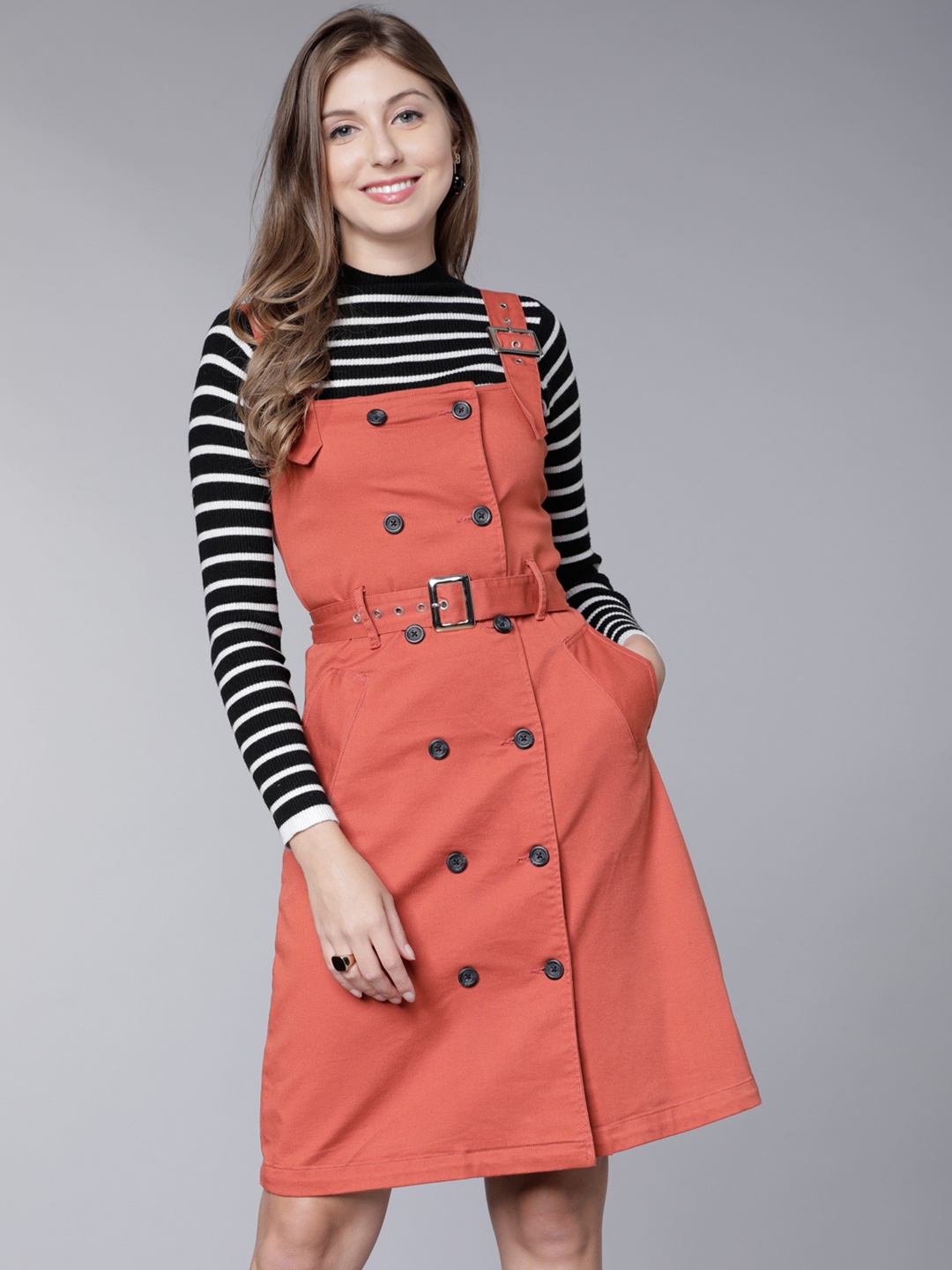 

Tokyo Talkies Women Rust Orange Solid Pinafore Dress