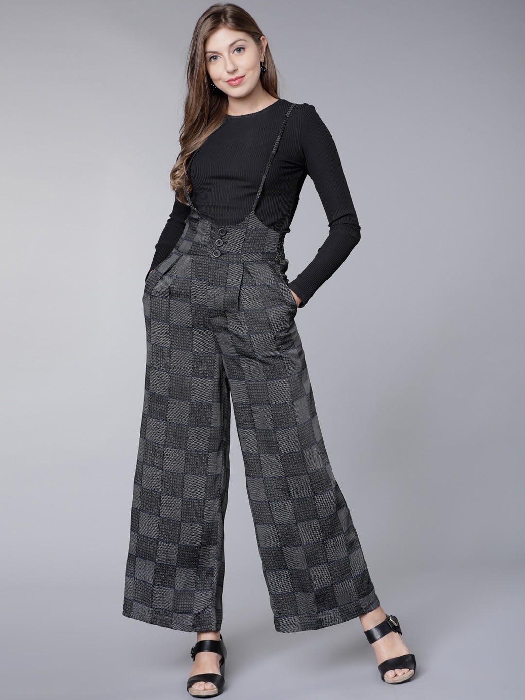 

Tokyo Talkies Women Black Checked Wide Leg Dungaree
