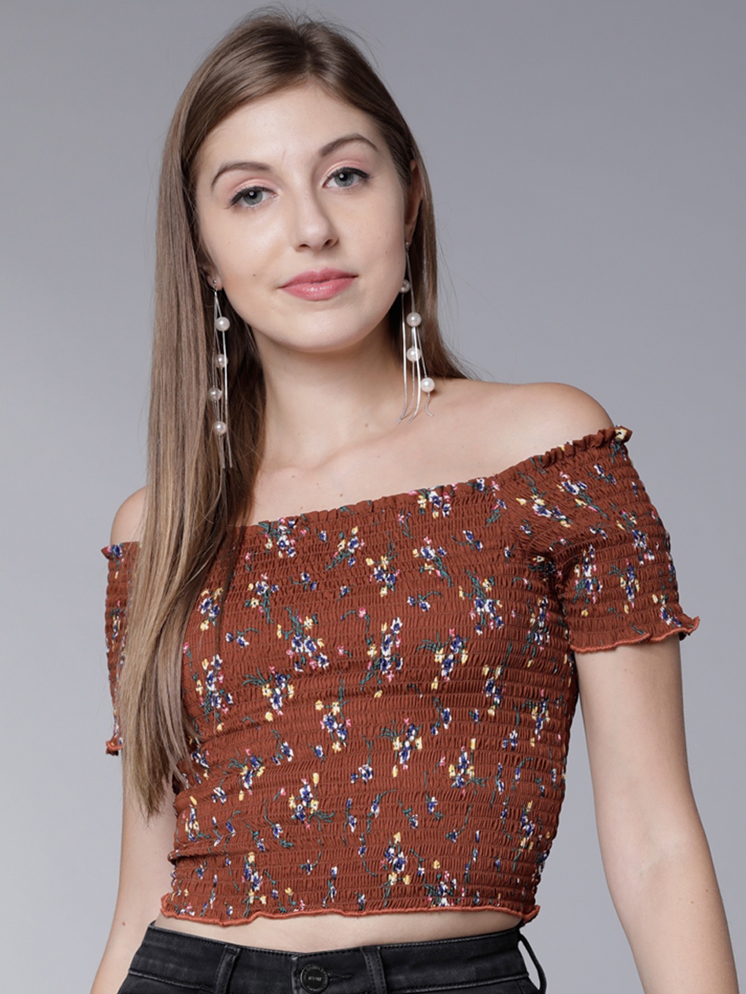 

Tokyo Talkies Women Brown Printed Bardot Crop Top