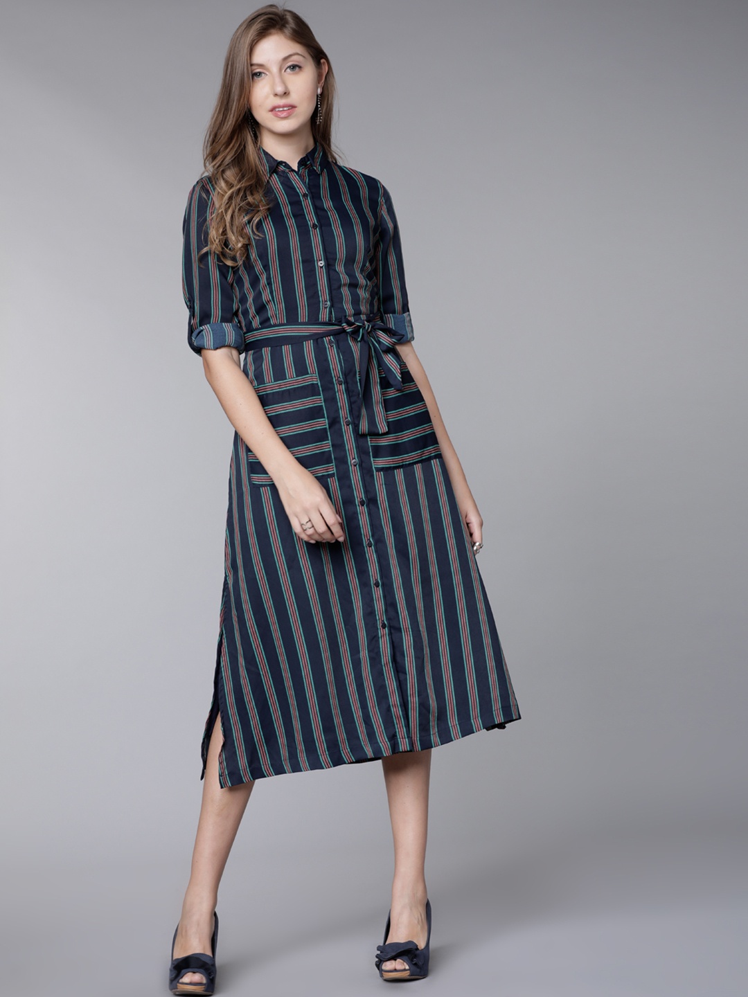 

Tokyo Talkies Women Navy Blue Striped Shirt Dress