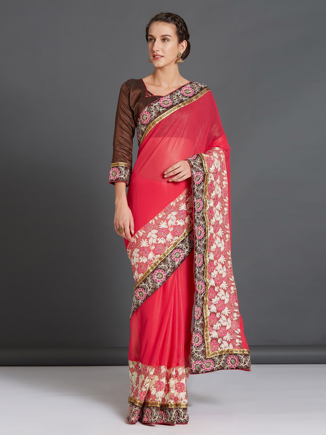 

Mitera Pink & Brown Poly Georgette Solid Saree