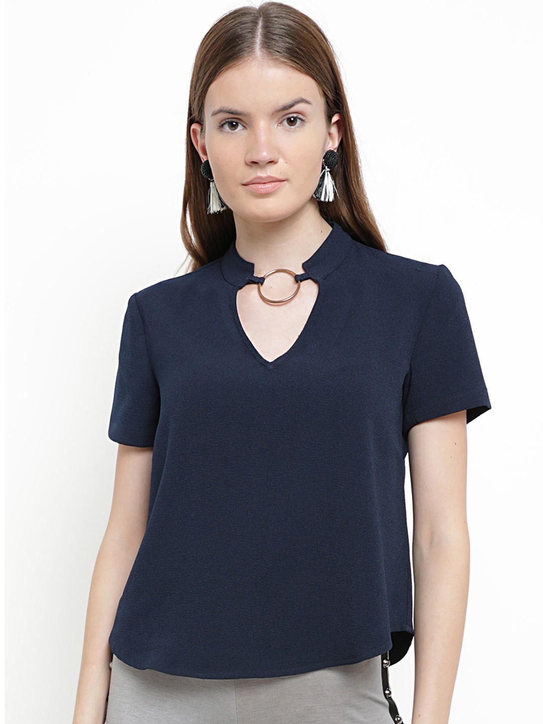 

Kazo Women Navy Blue Solid A-Line Top
