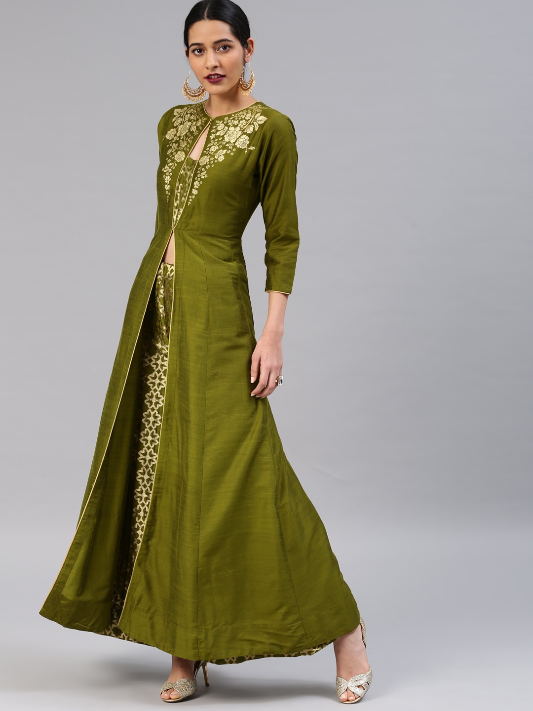 

Vishudh Women Olive Green Yoke Design Kurta with Palazzos