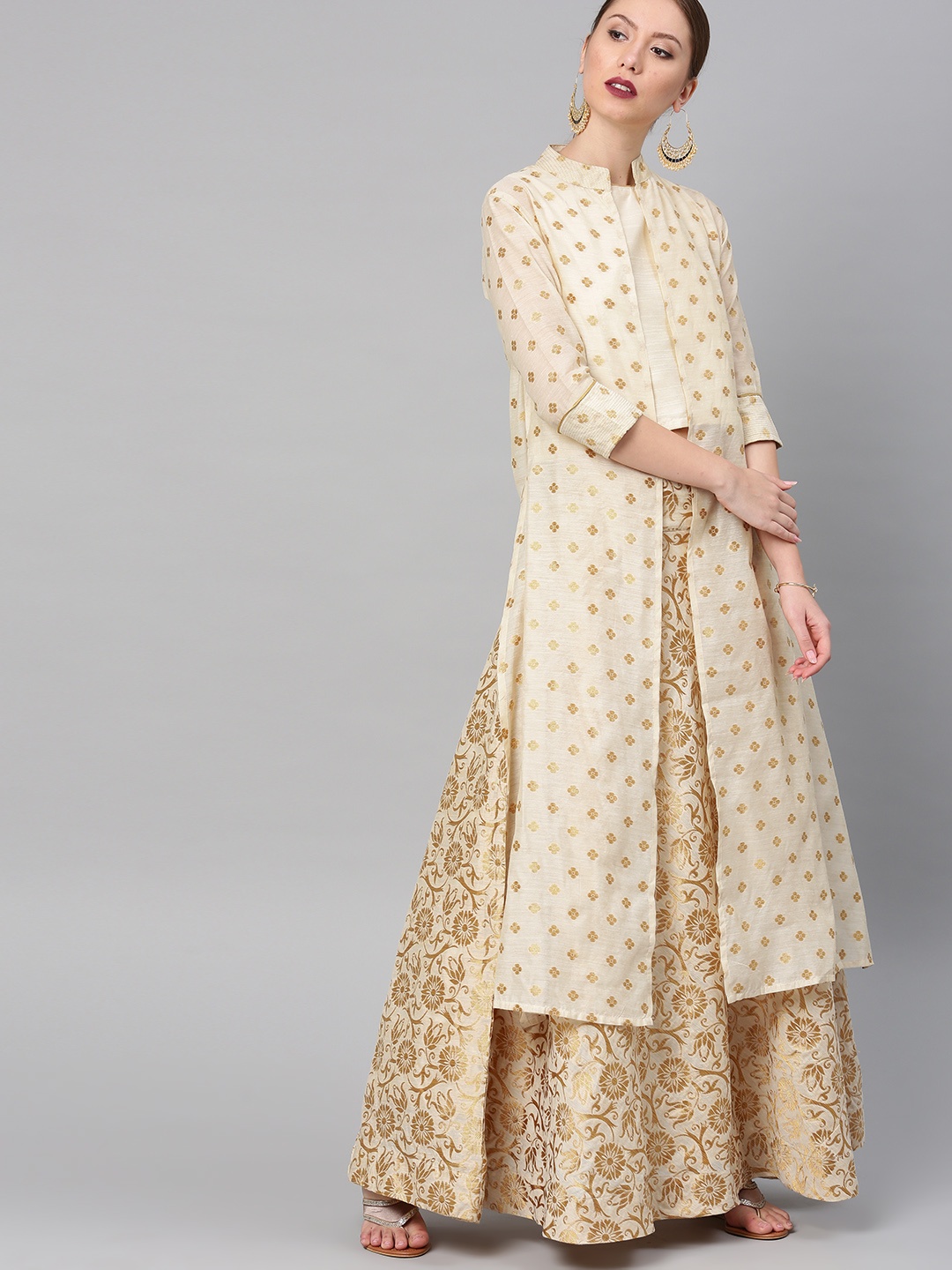 

Vishudh Cream-Coloured Ready to Wear Lehenga with Blouse and Ethnic Jacket