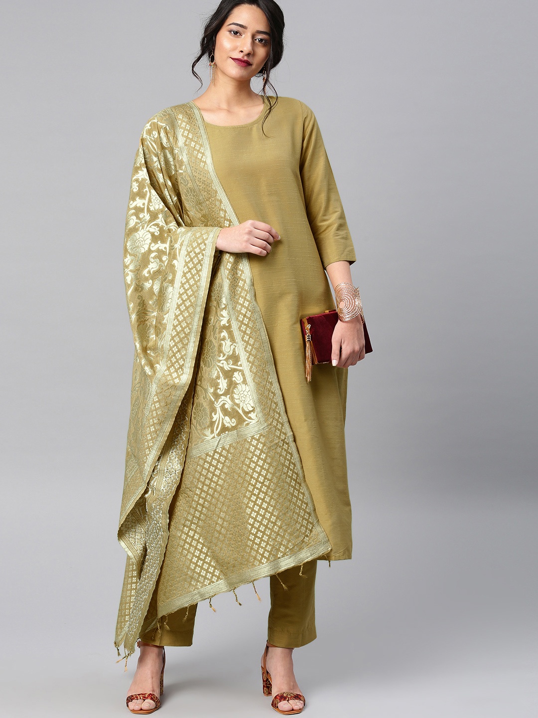 

Vishudh Women Beige Solid Kurta with Trousers & Dupatta