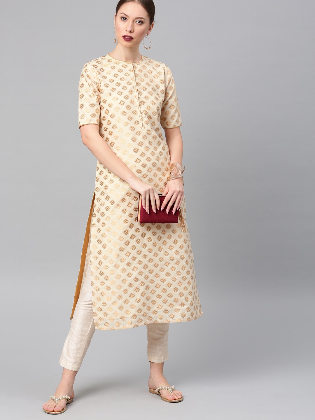 

Vishudh Women Cream-Coloured & Gold-Toned Self Design Kurta with Trousers