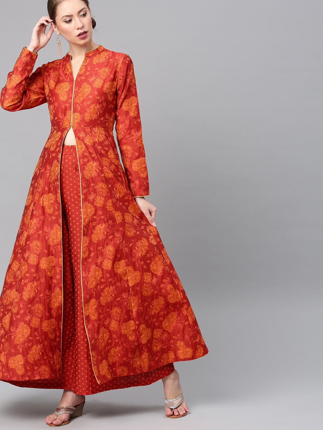 

Vishudh Women Red & Orange Self Design Kurta with Palazzos