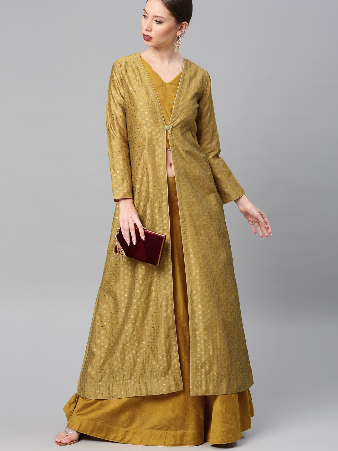 

Vishudh Women Mustard Self Design Layered Kurta with Skirt