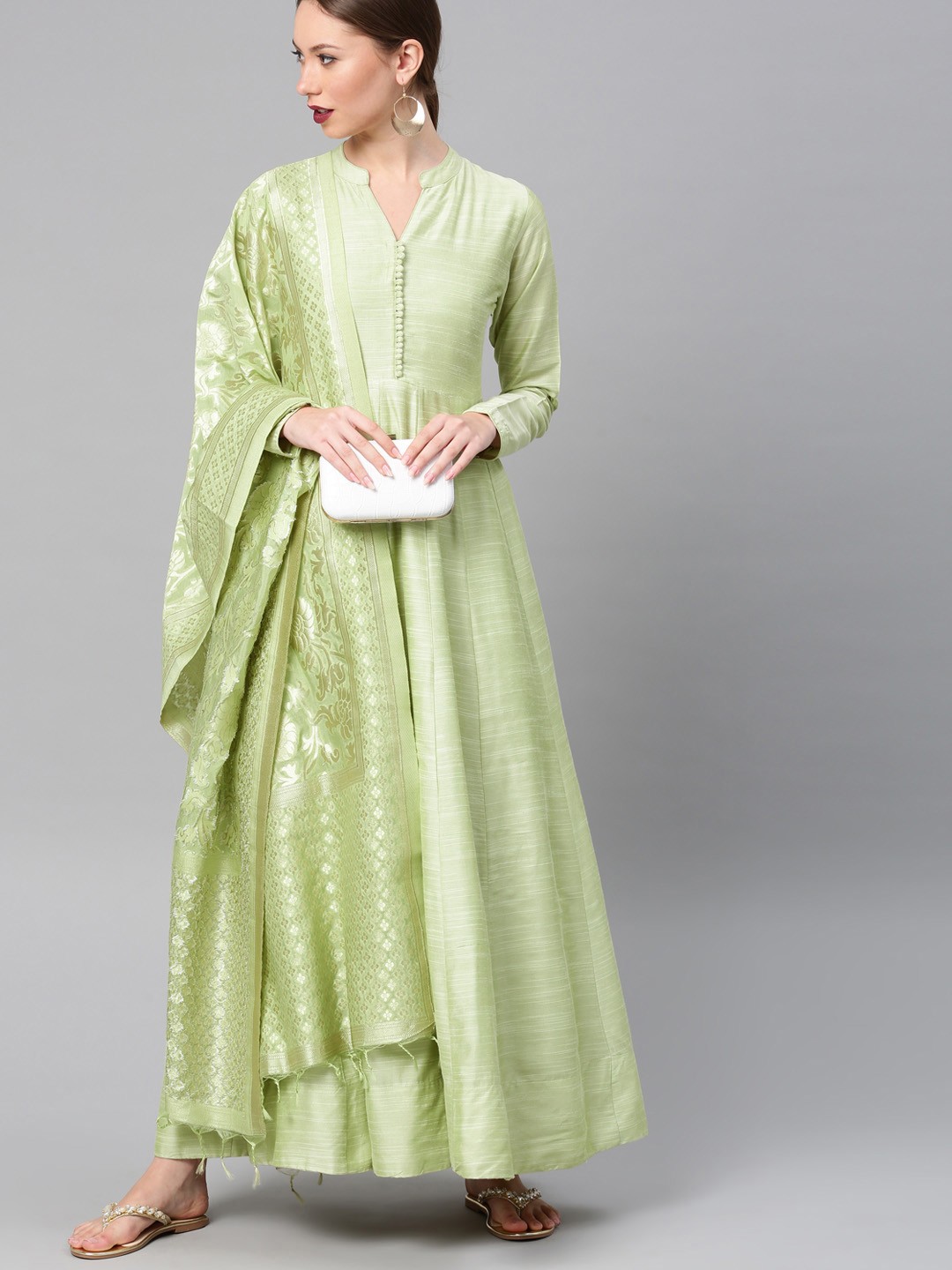 

Vishudh Lime Green Maxi Anarkali Dress With Dupatta