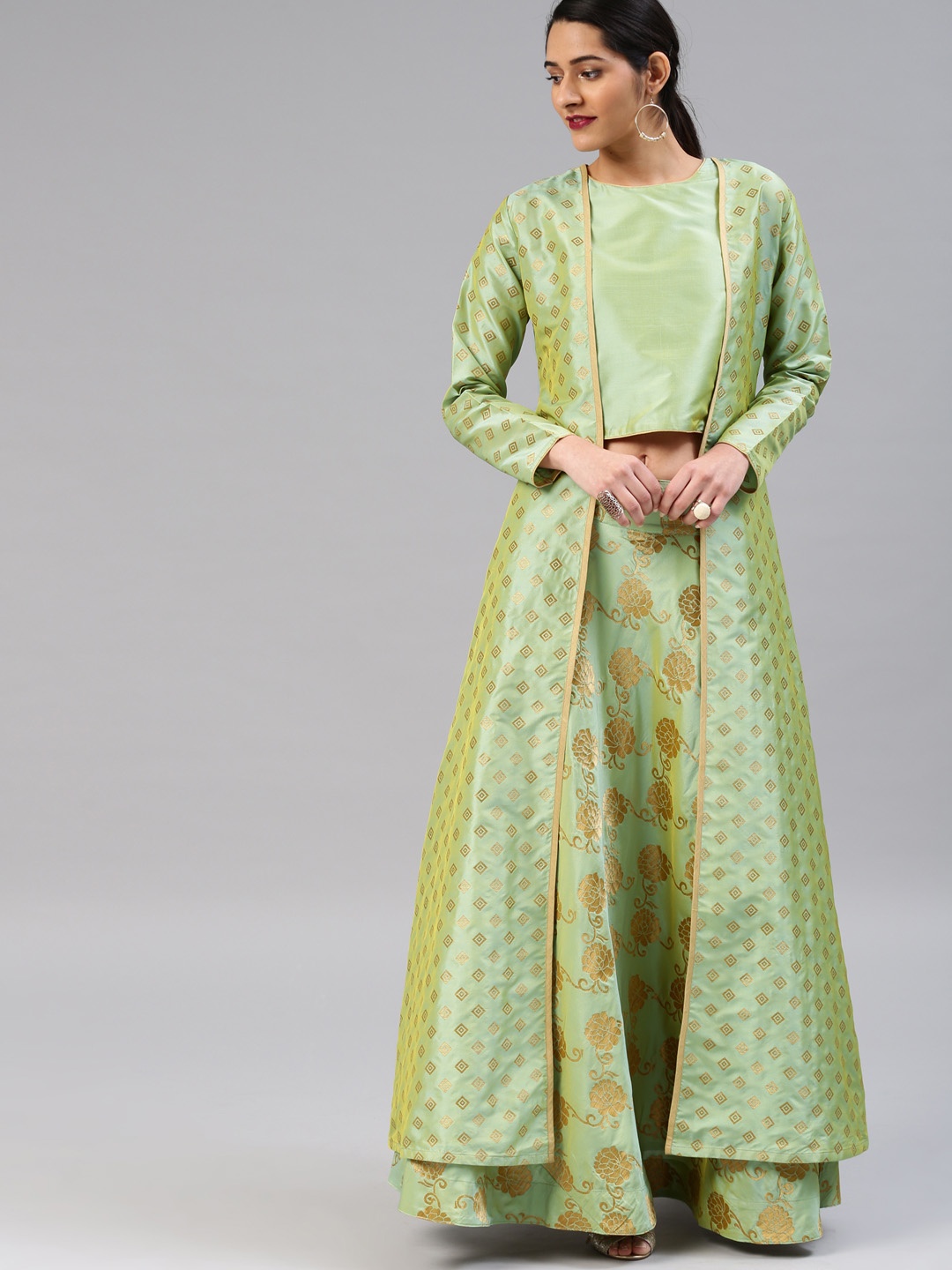 

Vishudh Women Green & Gold-Toned Printed Kurta with Skirt