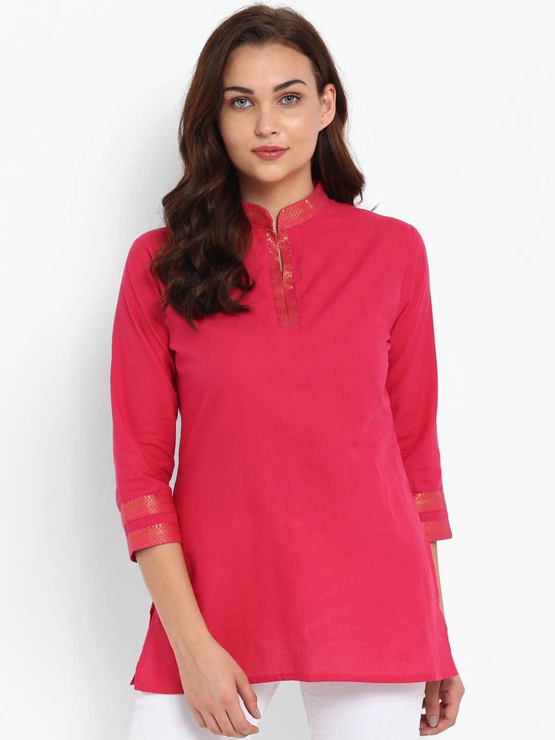 

Bhama Couture Women Pink Solid Mangalgiri Cotton Handloom A-Line Top