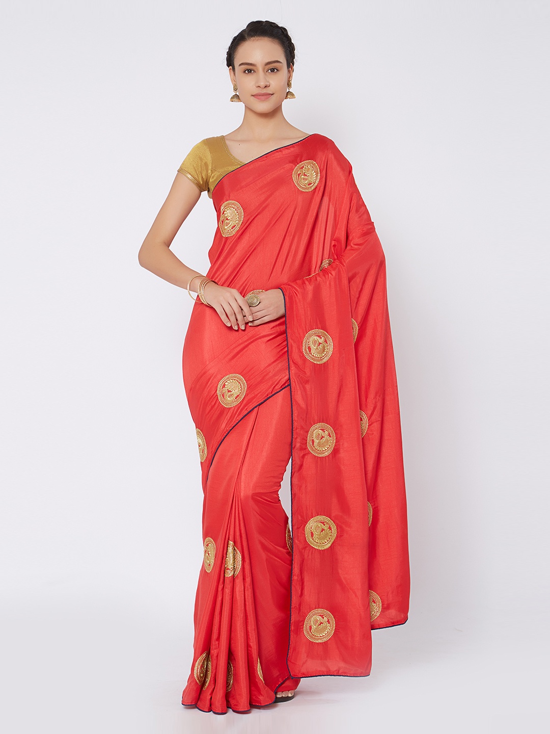 

Kvsfab Peach-Coloured & Navy Blue Silk Cotton Embroidered Saree