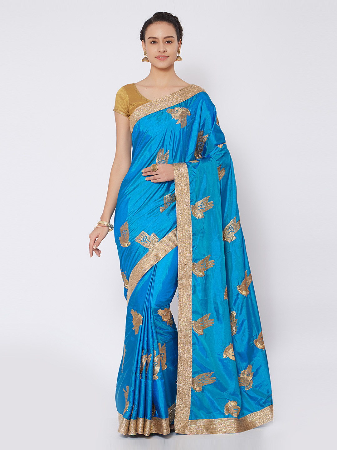 

Kvsfab Turquoise Blue Embroidered Silk Cotton Saree